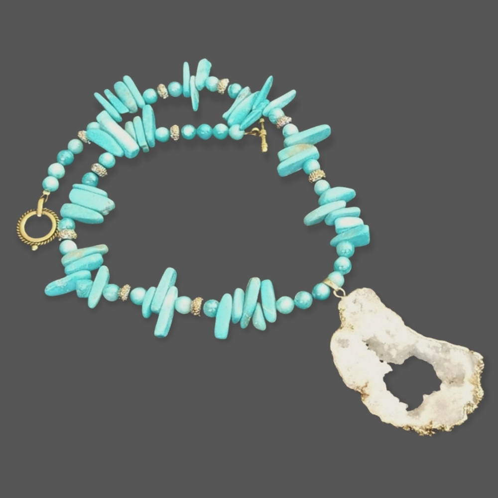 Handmade Southwestern Turquoise Beaded Quartz Crystal Necklace